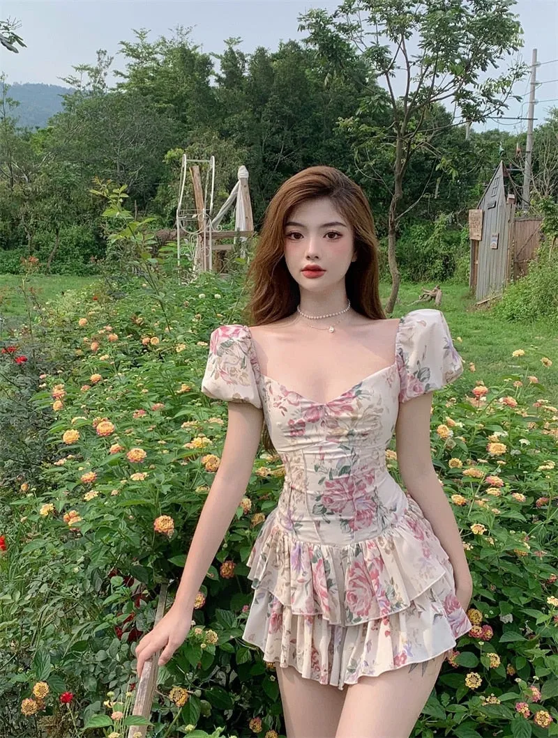 Summer French Romantic Floral Mini Romper Square Collar Flowers Printed Chiffon Tiered Playsuit Cute Kawaii Feminine Romper Fairy Dress