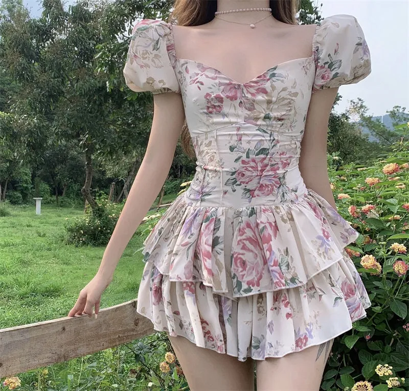 Summer French Romantic Floral Mini Romper Square Collar Flowers Printed Chiffon Tiered Playsuit Cute Kawaii Feminine Romper Fairy Dress