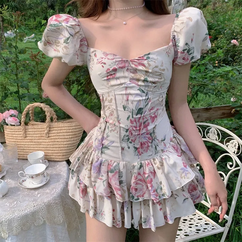 Summer French Romantic Floral Mini Romper Square Collar Flowers Printed Chiffon Tiered Playsuit Cute Kawaii Feminine Romper Fairy Dress
