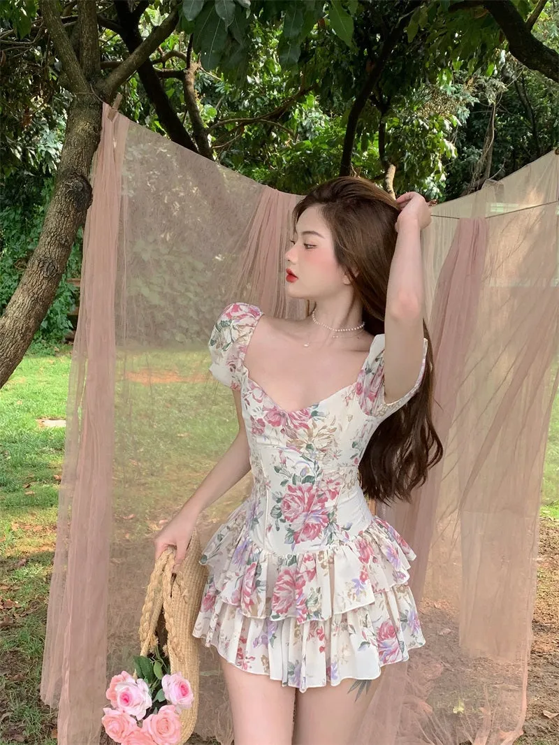 Summer French Romantic Floral Mini Romper Square Collar Flowers Printed Chiffon Tiered Playsuit Cute Kawaii Feminine Romper Fairy Dress