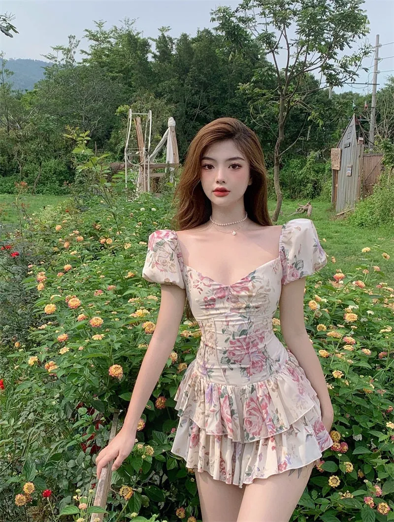 Summer French Romantic Floral Mini Romper Square Collar Flowers Printed Chiffon Tiered Playsuit Cute Kawaii Feminine Romper Fairy Dress