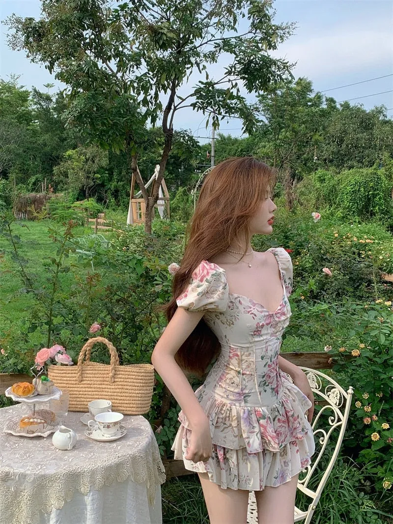 Summer French Romantic Floral Mini Romper Square Collar Flowers Printed Chiffon Tiered Playsuit Cute Kawaii Feminine Romper Fairy Dress