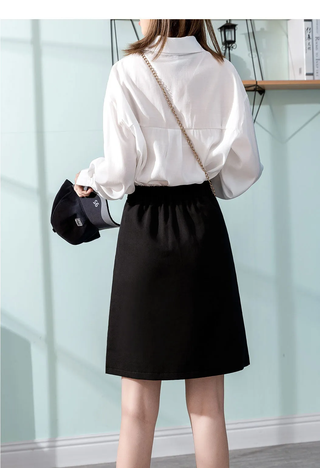 Summer Korean Black Skirt Women Elegant Spliced Solid Colored Sexy A-Line Skirt
