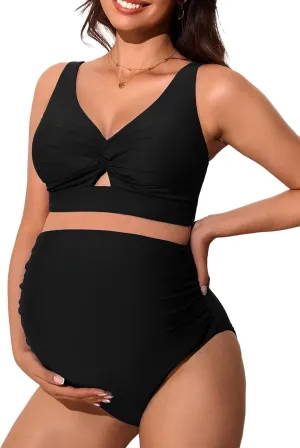 Summer Mae Twist Maternity Bikini Two Piece Pregnancy Swimsuits Cutout Bathing Suit High Waisted Ruched Swimwear