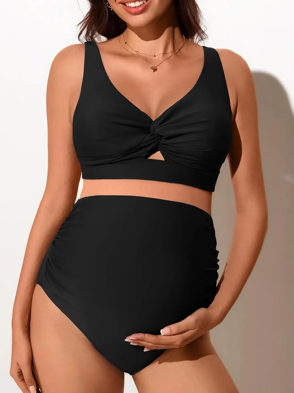Summer Mae Twist Maternity Bikini Two Piece Pregnancy Swimsuits Cutout Bathing Suit High Waisted Ruched Swimwear