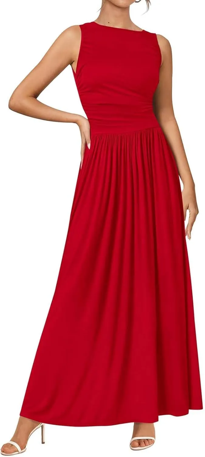 Summer Maxi Dresses for Women Sleeveless Casual Ruched Tank Long Dress A Line Flowy Beach Sundress