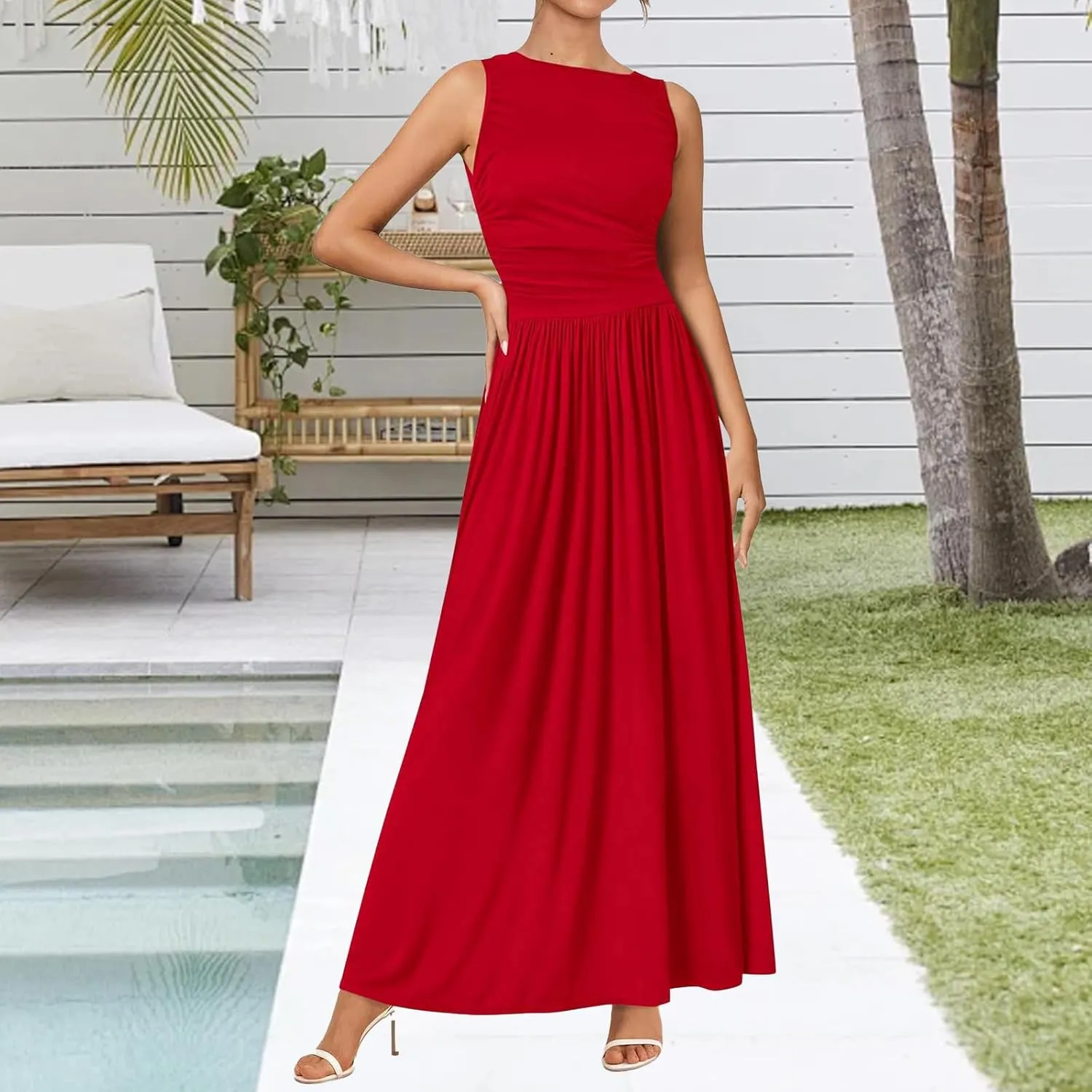 Summer Maxi Dresses for Women Sleeveless Casual Ruched Tank Long Dress A Line Flowy Beach Sundress