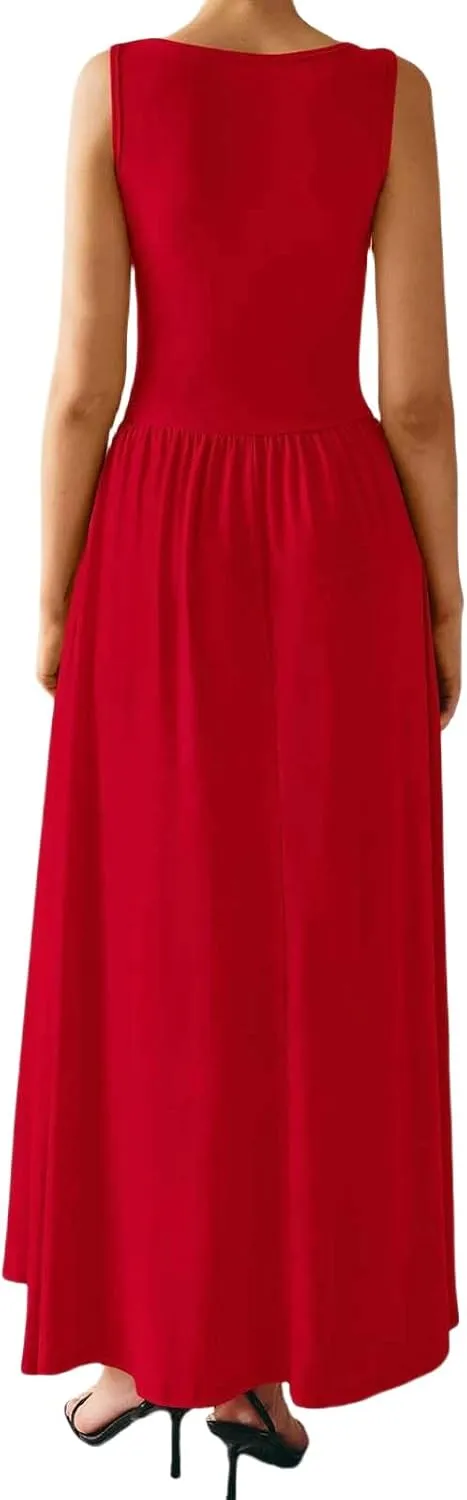 Summer Maxi Dresses for Women Sleeveless Casual Ruched Tank Long Dress A Line Flowy Beach Sundress
