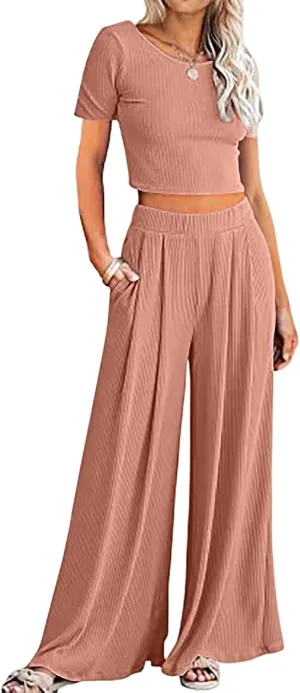 Summer Outfits for Women Short Sleeve Croop Neck Crop Tops and High Waist Wide Leg Pants Set Lounge Outfits 2025