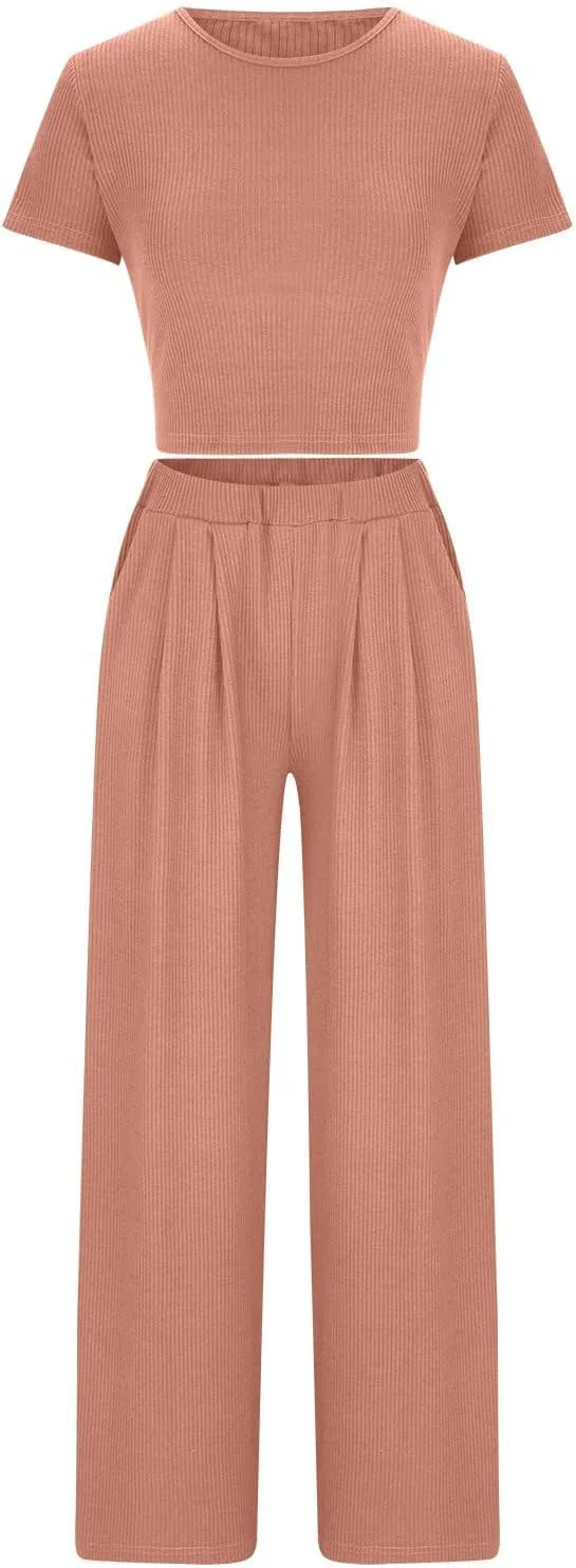 Summer Outfits for Women Short Sleeve Croop Neck Crop Tops and High Waist Wide Leg Pants Set Lounge Outfits 2025