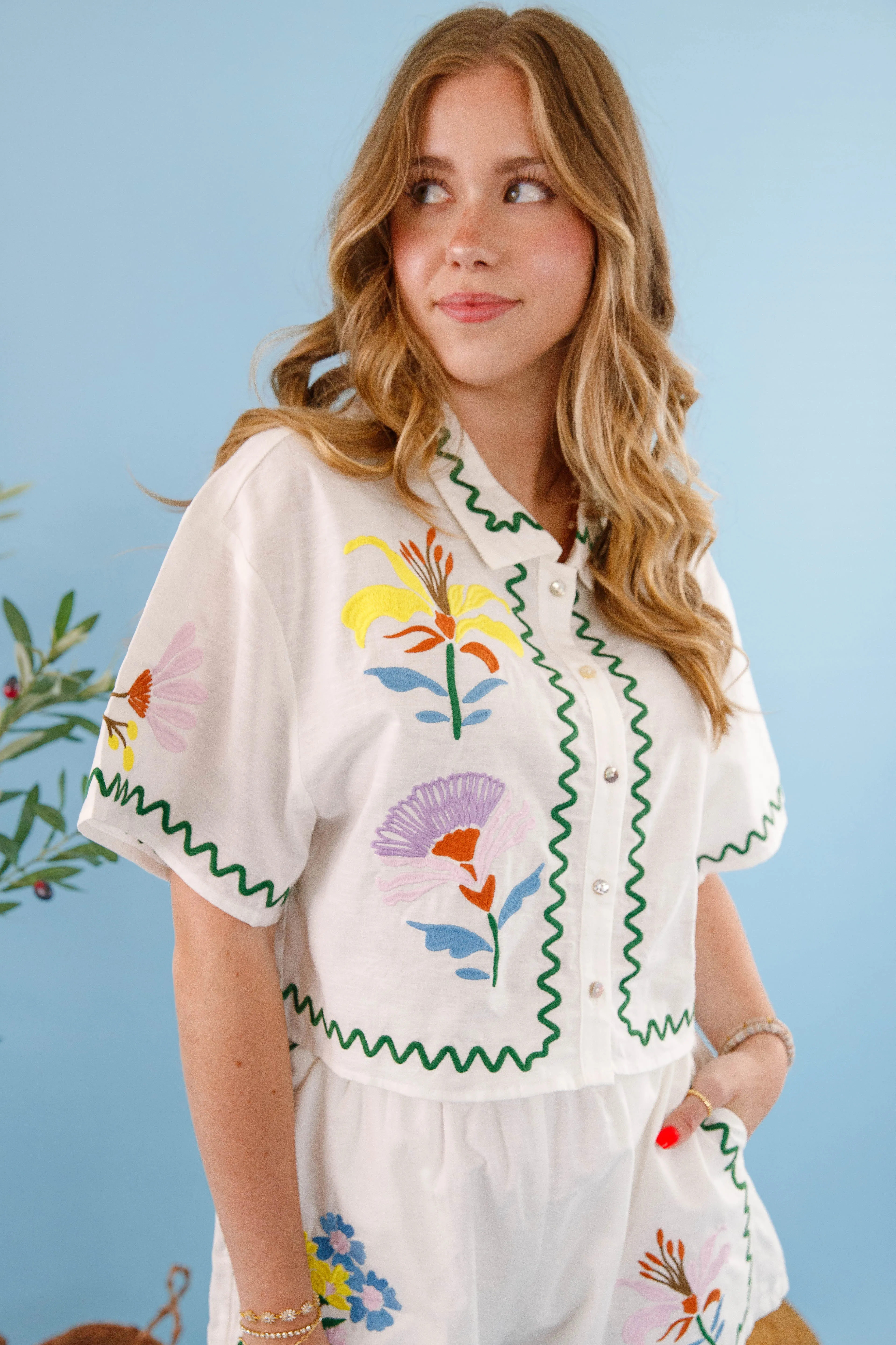 Summer Revival Button Down Top NonPill Surface Treatment Durable Stitch Pattern