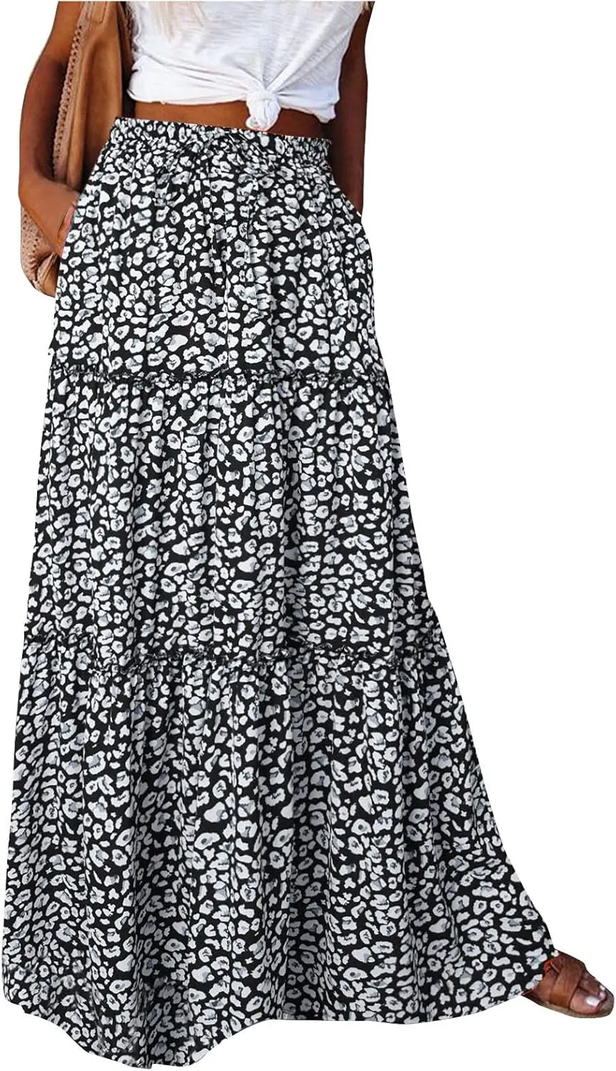 Summer Skirts for Women Flowy Maxi Skirt Drawstring High Waisted Pleated Tiered Aline Skirt Long Skirts with Pockets