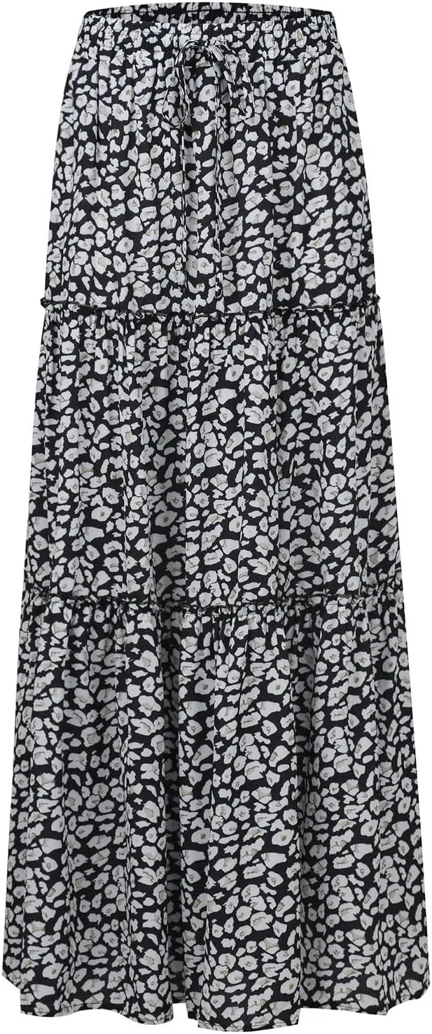 Summer Skirts for Women Flowy Maxi Skirt Drawstring High Waisted Pleated Tiered Aline Skirt Long Skirts with Pockets