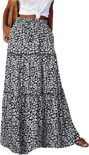 Summer Skirts for Women Flowy Maxi Skirt Drawstring High Waisted Pleated Tiered Aline Skirt Long Skirts with Pockets