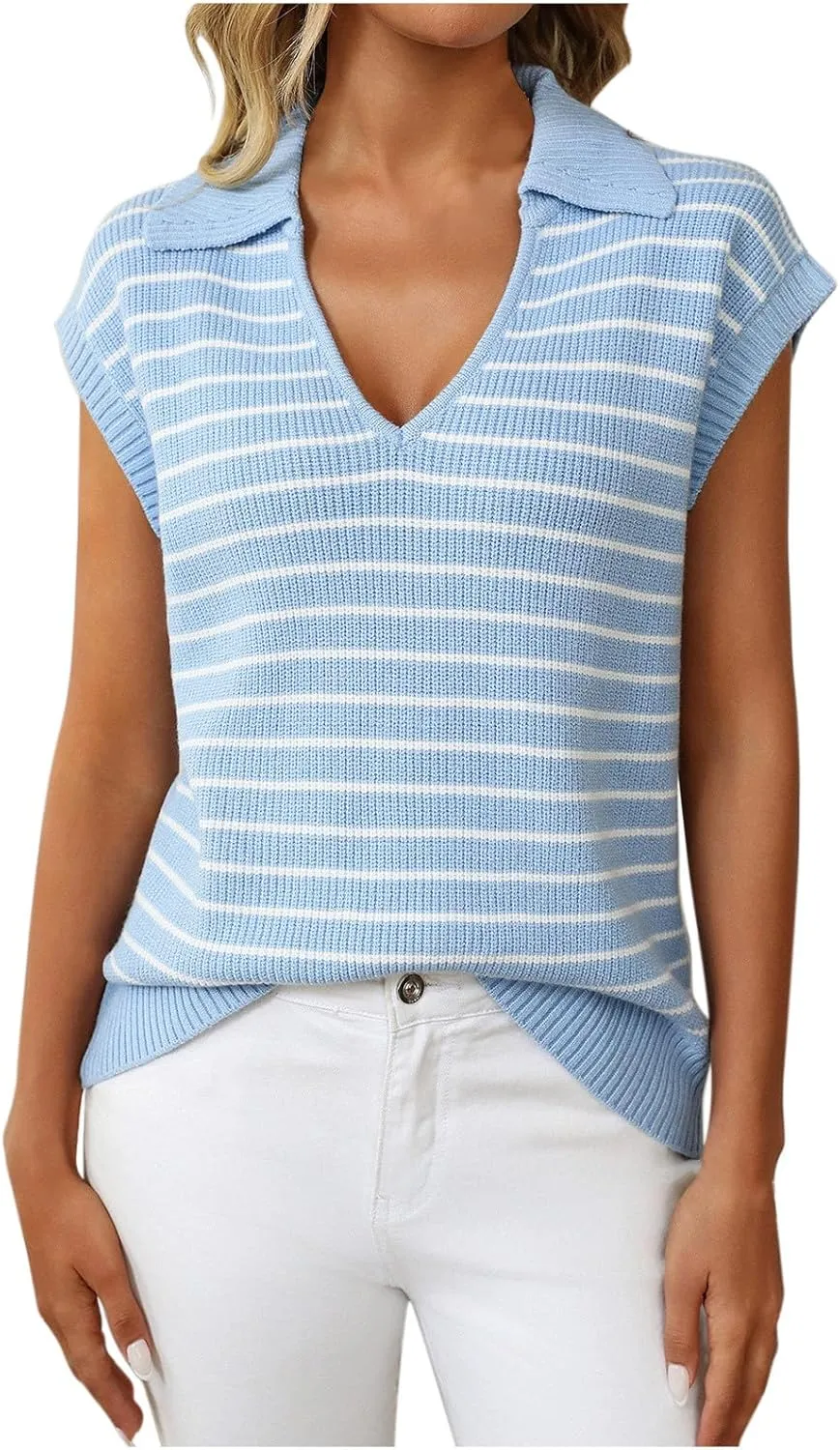 Summer Stripe Knit Tank Tops for Women, Lapel V-Neck Fashion Cap Sleeve Tunic Shirts Comfy Breathable Daily Clothes