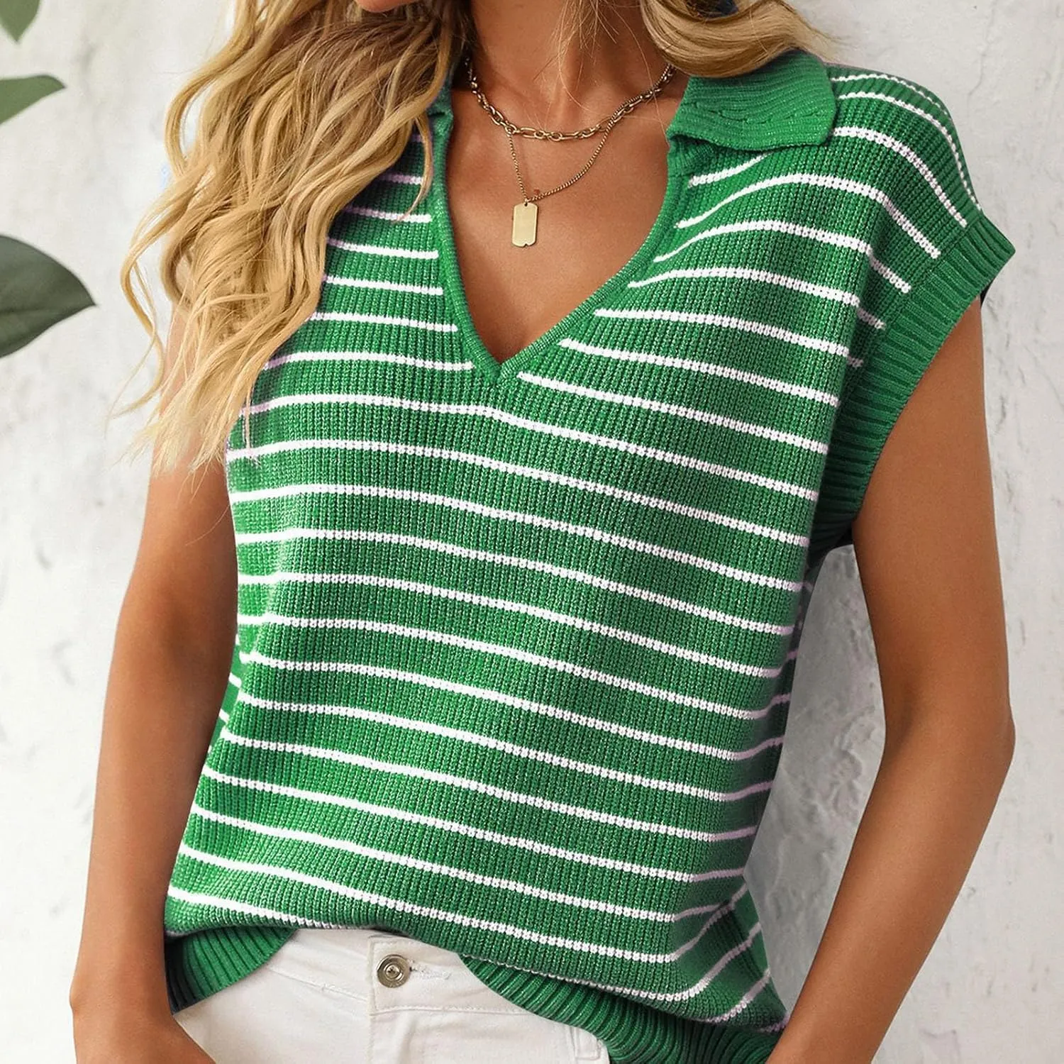 Summer Stripe Knit Tank Tops for Women, Lapel V-Neck Fashion Cap Sleeve Tunic Shirts Comfy Breathable Daily Clothes