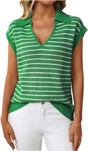 Summer Stripe Knit Tank Tops for Women, Lapel V-Neck Fashion Cap Sleeve Tunic Shirts Comfy Breathable Daily Clothes