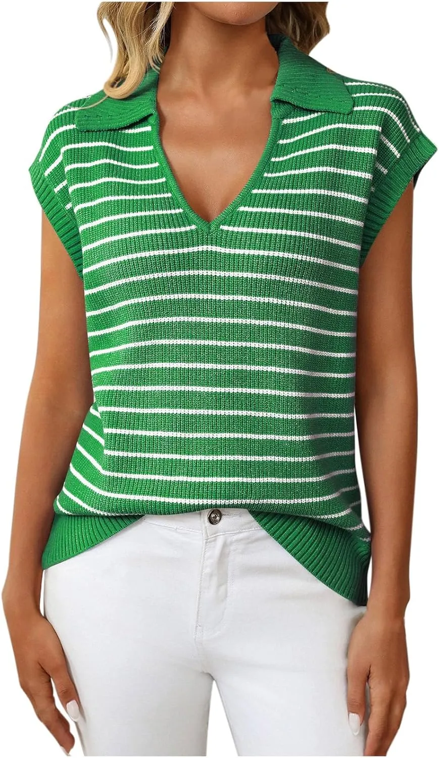 Summer Stripe Knit Tank Tops for Women, Lapel V-Neck Fashion Cap Sleeve Tunic Shirts Comfy Breathable Daily Clothes