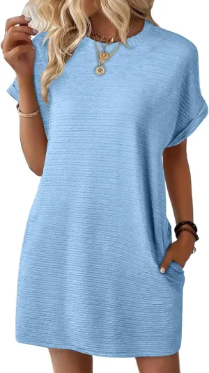 Summer T Shirt Dress Womens Beach Pocket Dress Comfy Lightweight Short Dress Minimalist Short Sleeve Shift Dress