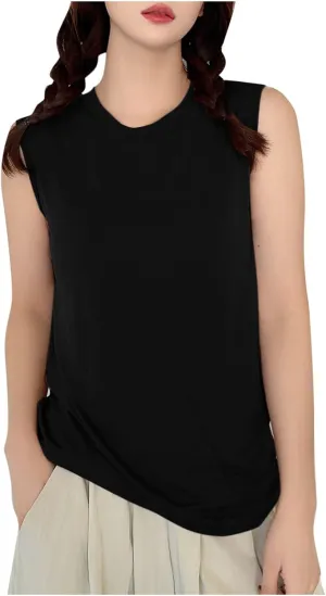 Summer Tank Tops for Women Solid Fashion Crewneck Sleeveless Tee Shirts Casual Loose Fit Athletic Quick Dry Blouse