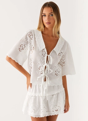 Summer Escape Embroidered Top - White Moisture Wicking Fabric Summer Escape Embroidered Top - White Machine Washable Fabric FrictionResistant Fabric