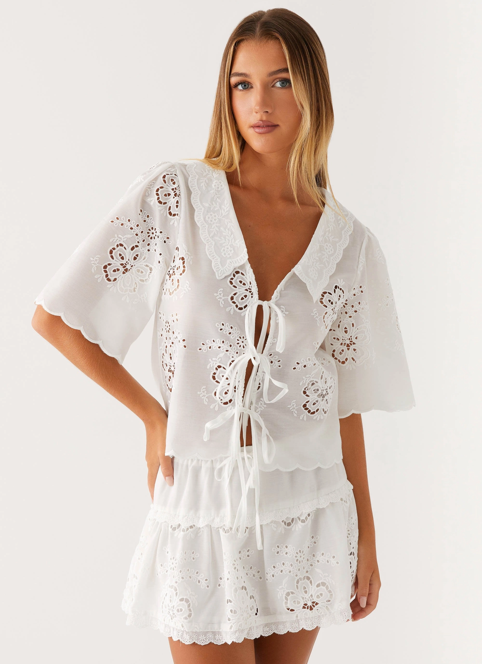 Summer Escape Embroidered Top - White Machine Washable Fabric FrictionResistant Fabric