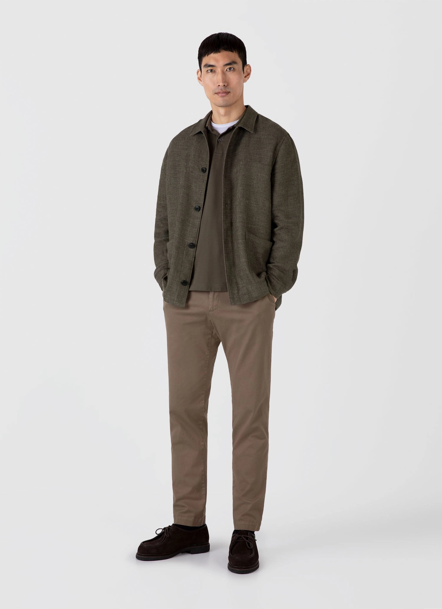 Double Layer Shoulder Men's Long Sleeve Piqu?? Polo Shirt in Khaki