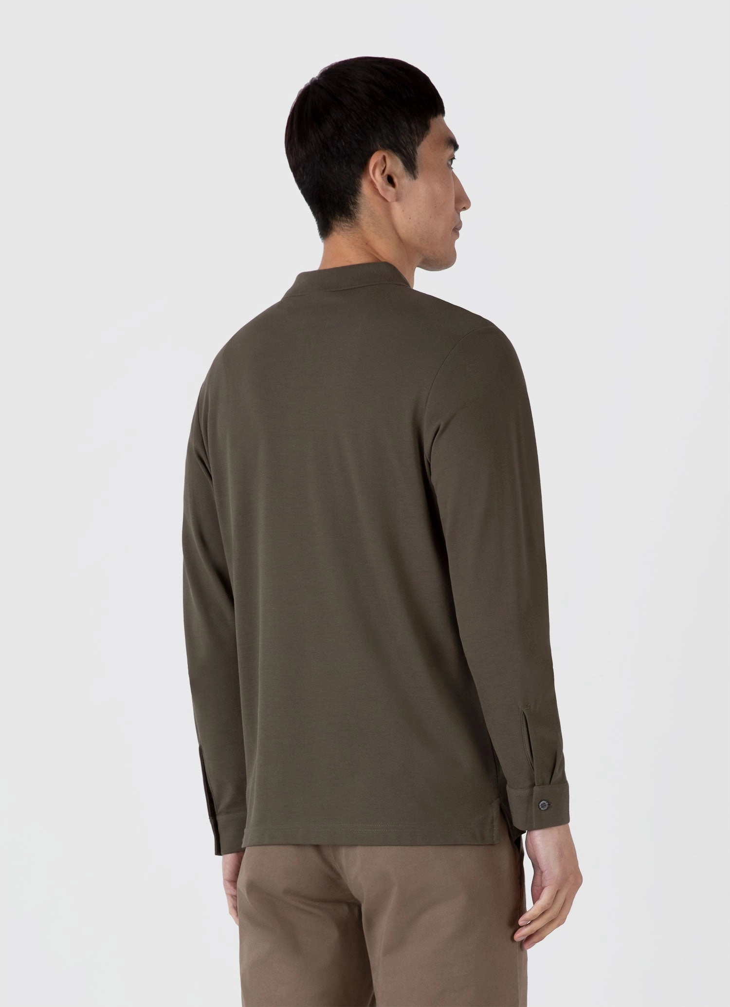 Men's Long Sleeve Piqu?? Polo Shirt in Khaki Sporty Design
