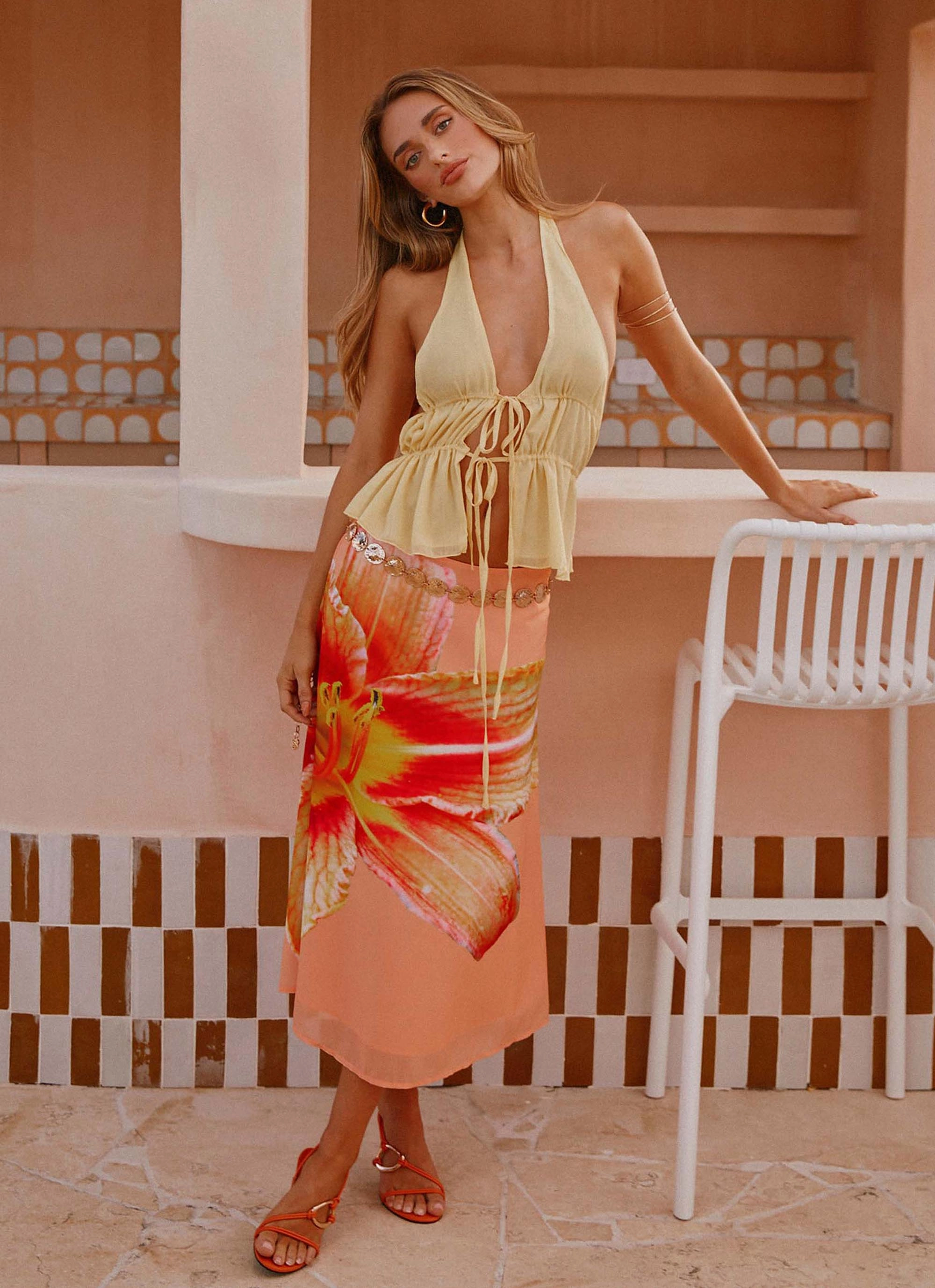 Layer Fit Casual Comfort Layers Summertime Midi Skirt - Orange Floral