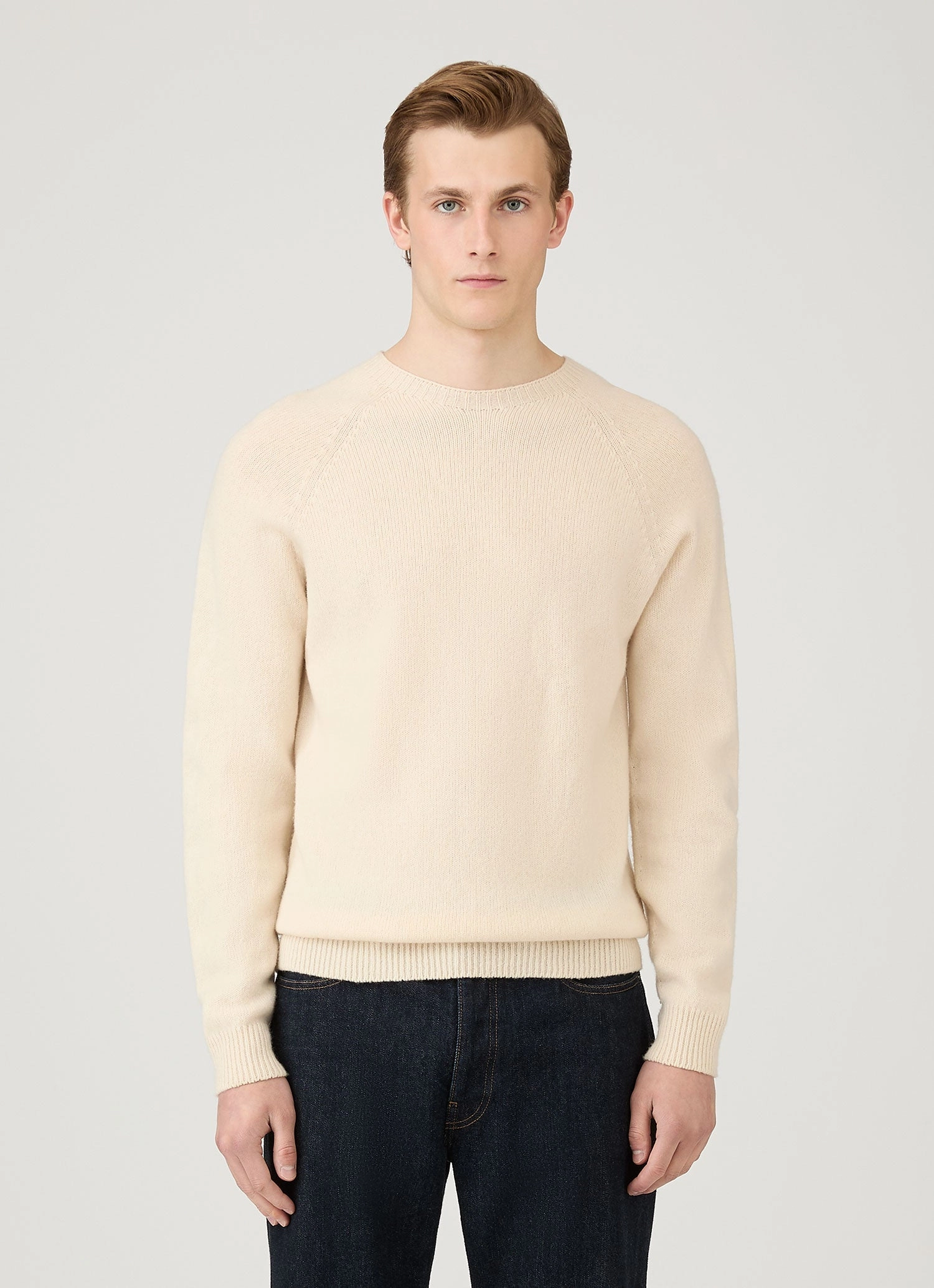 Stylish Drape DenseKnit Fabric Men's Lambswool Crew Neck Jumper in Ecru