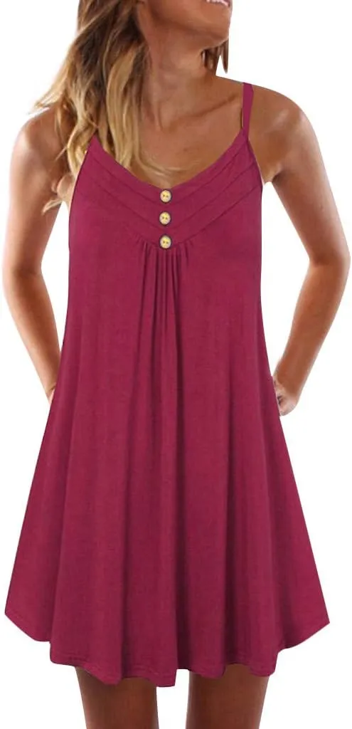 Sundresses for Women 2024 Casual Button Down Short Summer Dresses Loose Solid Spaghetti Strap Ruched Flowy Sun Dress