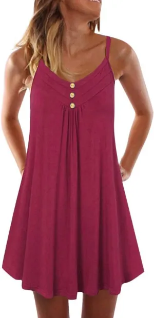 Sundresses for Women 2024 Casual Button Down Short Summer Dresses Loose Solid Spaghetti Strap Ruched Flowy Sun Dress
