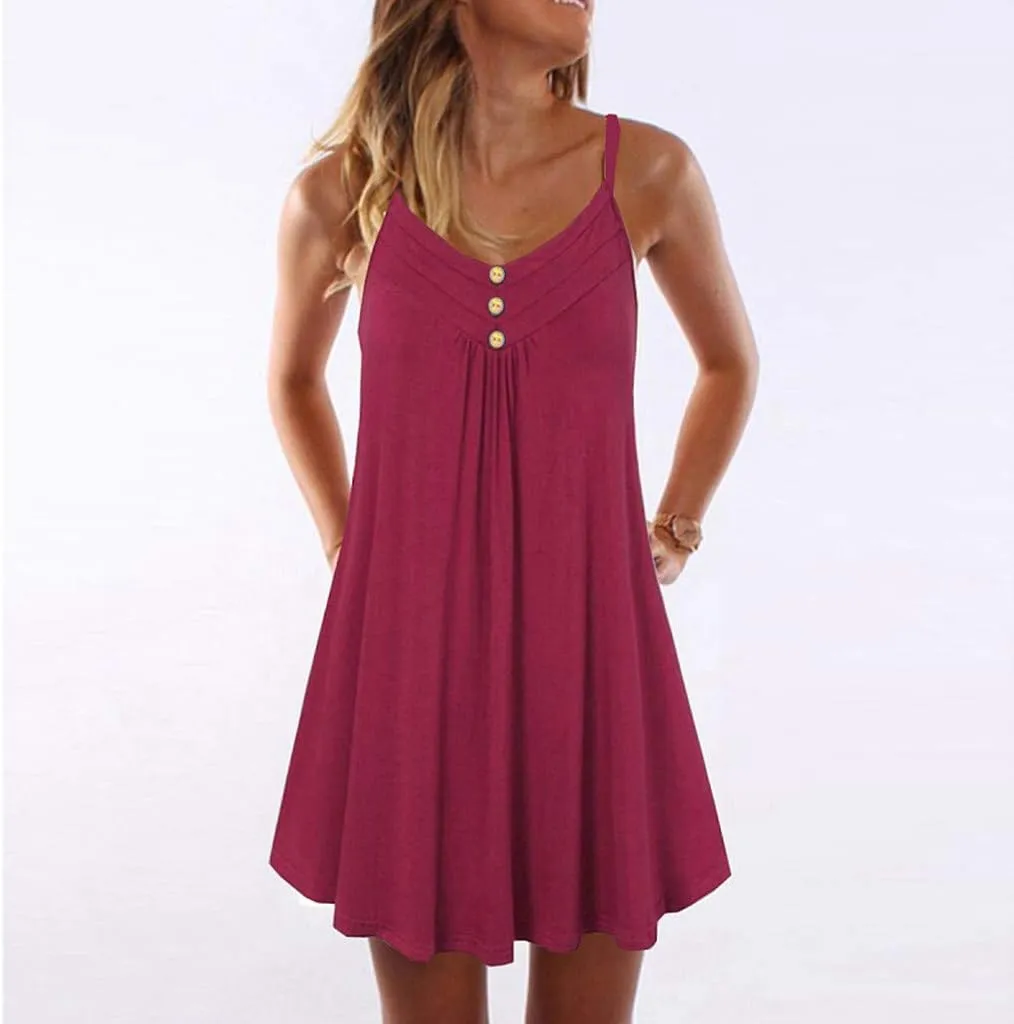 Sundresses for Women 2024 Casual Button Down Short Summer Dresses Loose Solid Spaghetti Strap Ruched Flowy Sun Dress