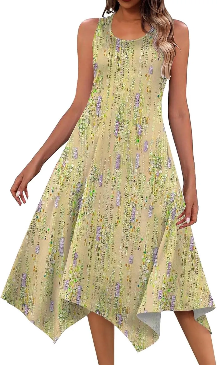 Sundresses for Women 2024 Casual Crewneck Printed Handkerchief Beach Dress Trendy High Waist Maxi Dress Summer Dress