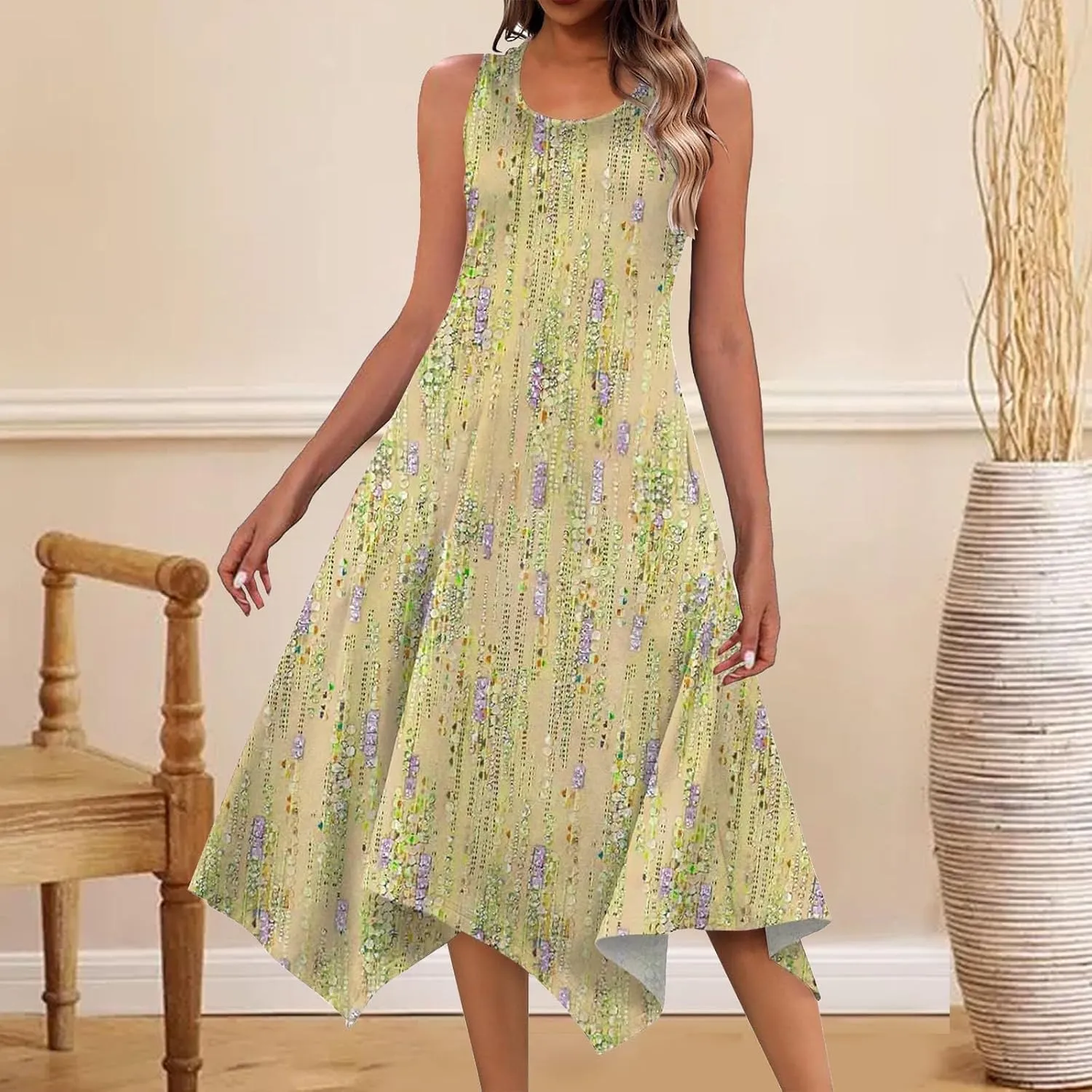 Sundresses for Women 2024 Casual Crewneck Printed Handkerchief Beach Dress Trendy High Waist Maxi Dress Summer Dress