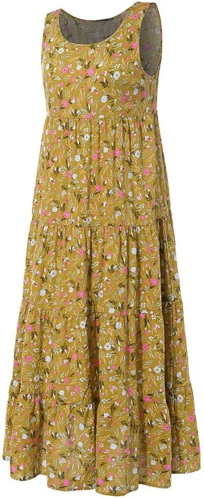 Sundresses for Women 2024 Floral Print Cotton Linen Midi Dress Ruched Empire Waist Plus Size Sun Dress Summer Dress