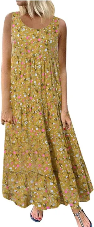 Sundresses for Women 2024 Floral Print Cotton Linen Midi Dress Ruched Empire Waist Plus Size Sun Dress Summer Dress