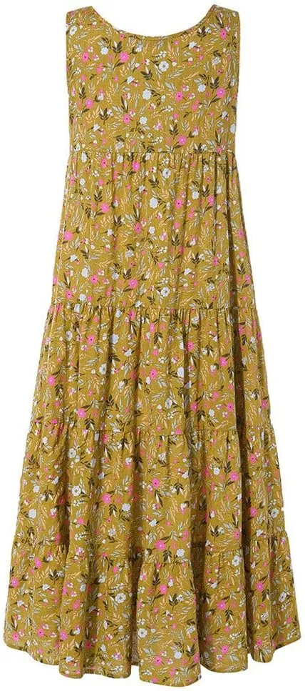 Sundresses for Women 2024 Floral Print Cotton Linen Midi Dress Ruched Empire Waist Plus Size Sun Dress Summer Dress
