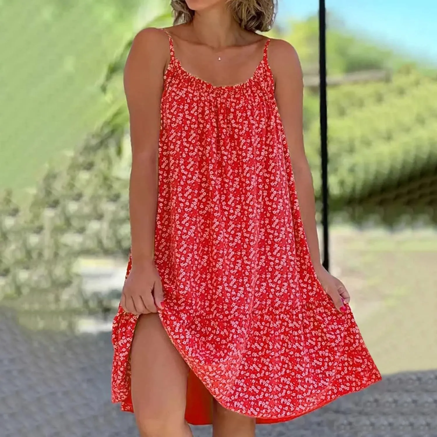 Sundresses for Women 2024 Floral Print Spaghetti Strap Casual Midi Dress Loose Flowy Boho Beach Dress Summer Dresses