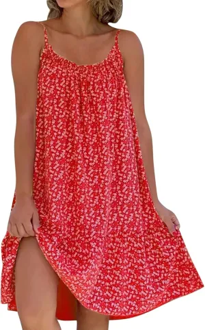 Sundresses for Women 2024 Floral Print Spaghetti Strap Casual Midi Dress Loose Flowy Boho Beach Dress Summer Dresses