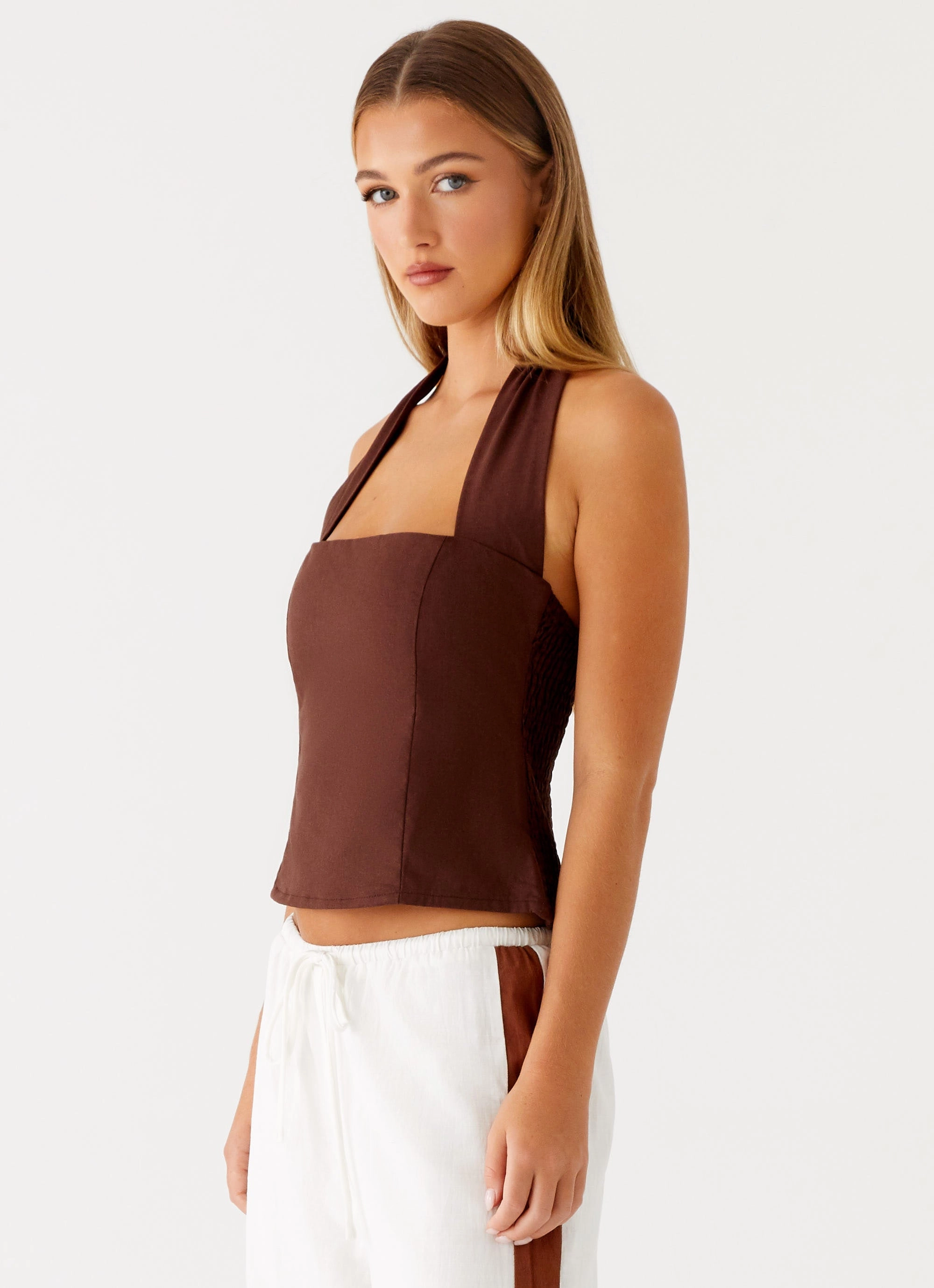Breathable Mesh Insert Sunflare Linen Halter Top - Chocolate