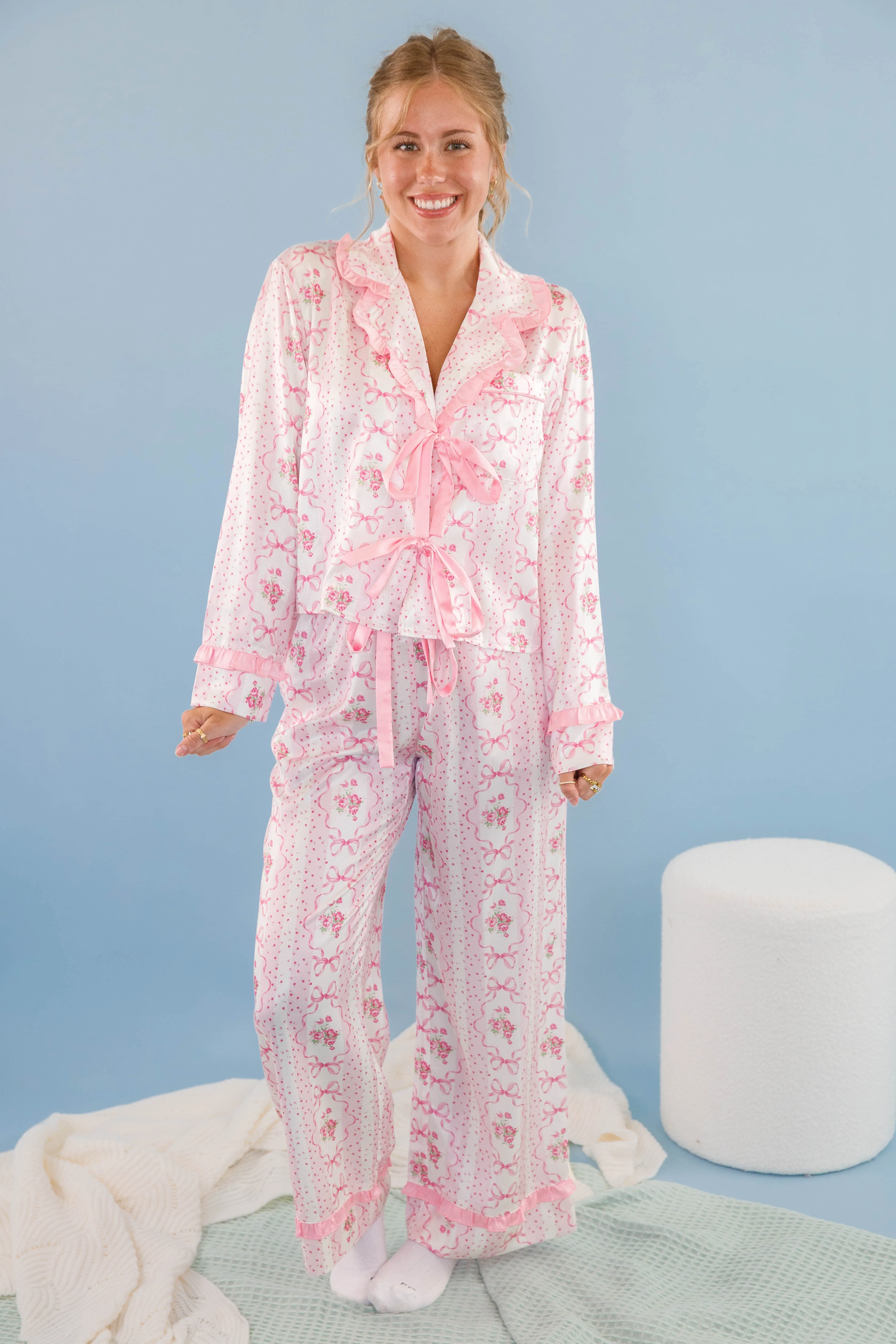 Rom-Com Marathon Pajama Top Curved Hemline DoubleLayeredShoulders