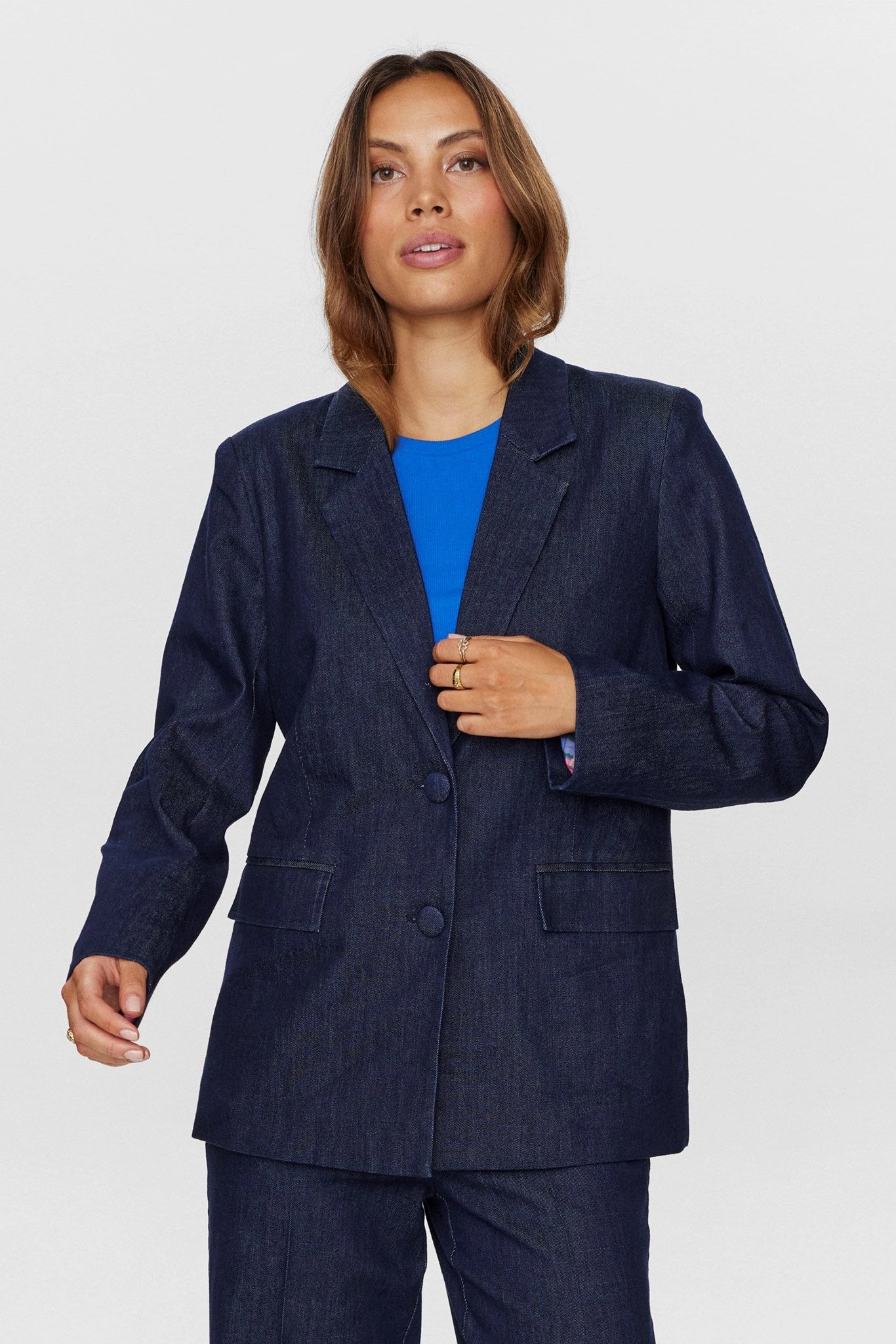 NUALETTA BLAZER  - Dark Blue Denim Layered Collar Double Breasted