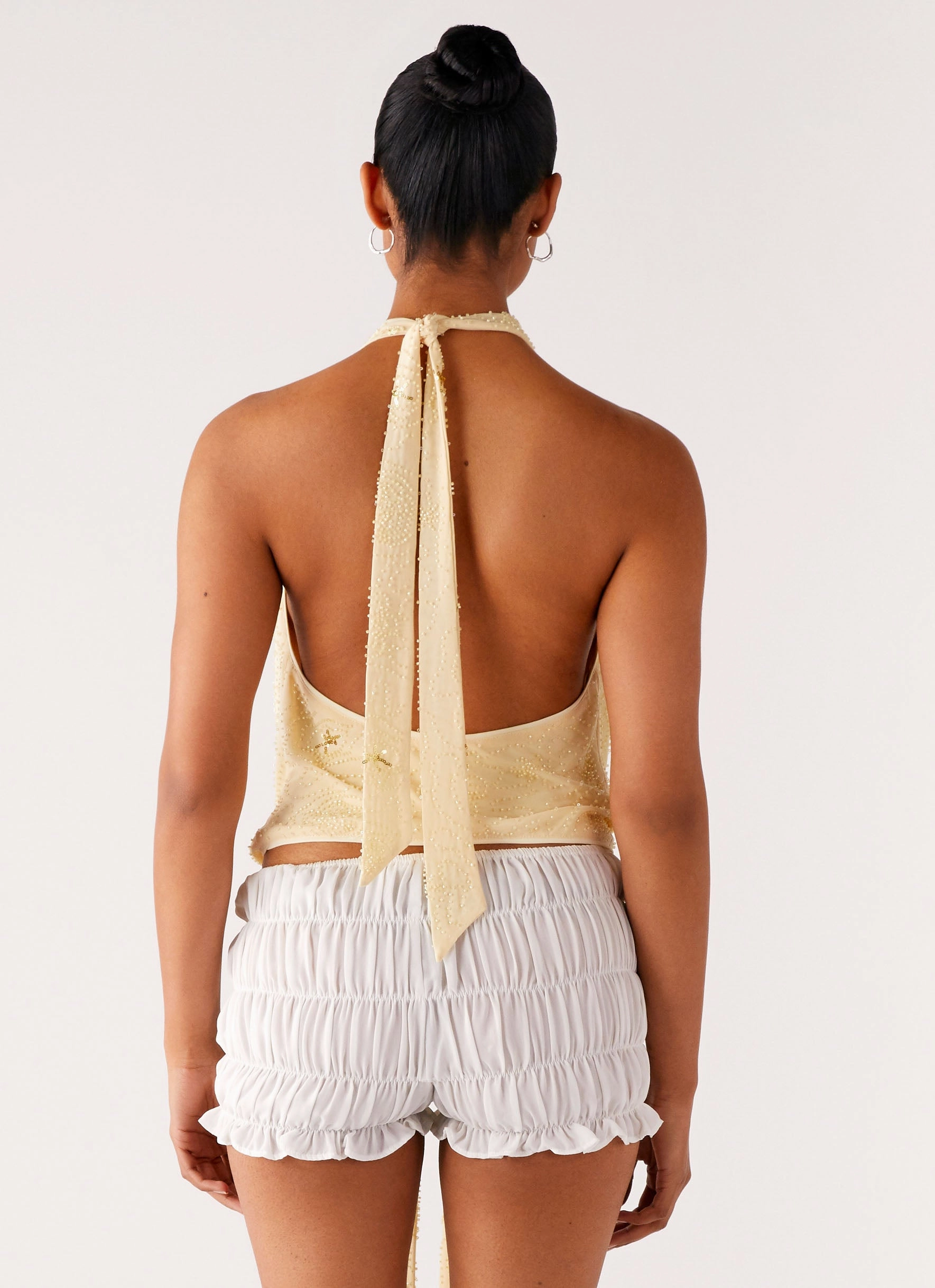 FullCut Shoulder Hidden Button Placket Neptune Halter Top - Yellow