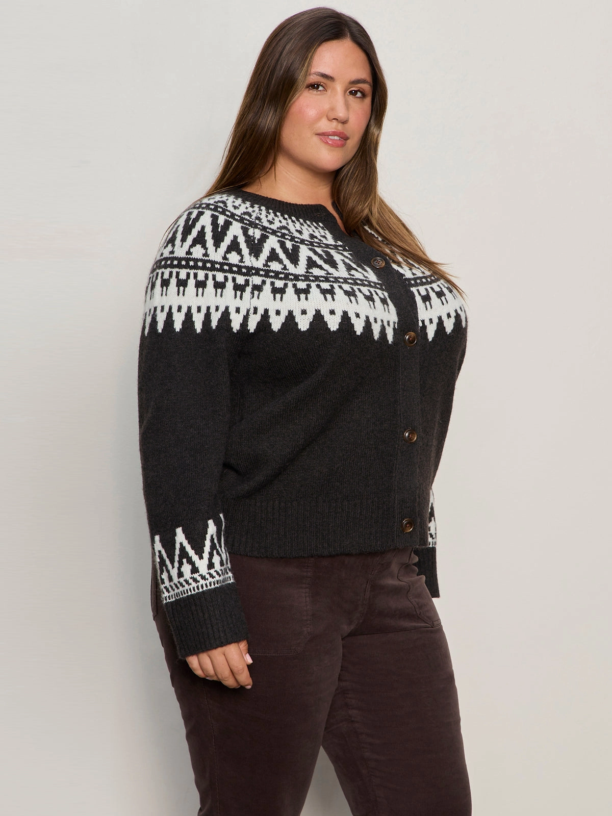 Fairisle Crewneck Cardi Ink Multi Extended Sizing Surface Pilling Resistant
