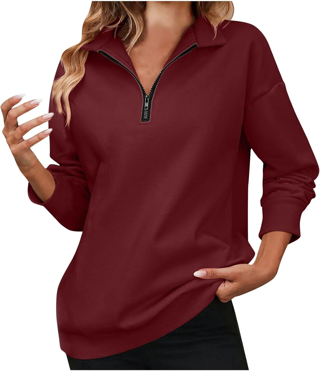 Sweatshirts for Women 2024 Fall Casual Loose Fit Long Sleeve V Neck Zipper Pullovers Solid Color Going Out Tops