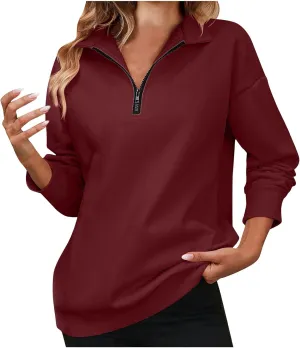 Sweatshirts for Women 2024 Fall Casual Loose Fit Long Sleeve V Neck Zipper Pullovers Solid Color Going Out Tops