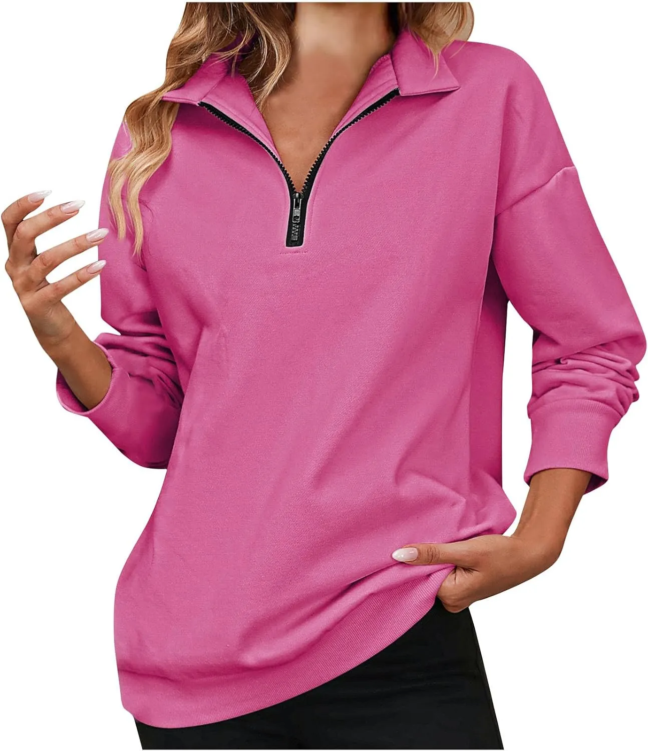 Sweatshirts for Women 2024 Fall Casual Loose Fit Long Sleeve V Neck Zipper Pullovers Solid Color Going Out Tops