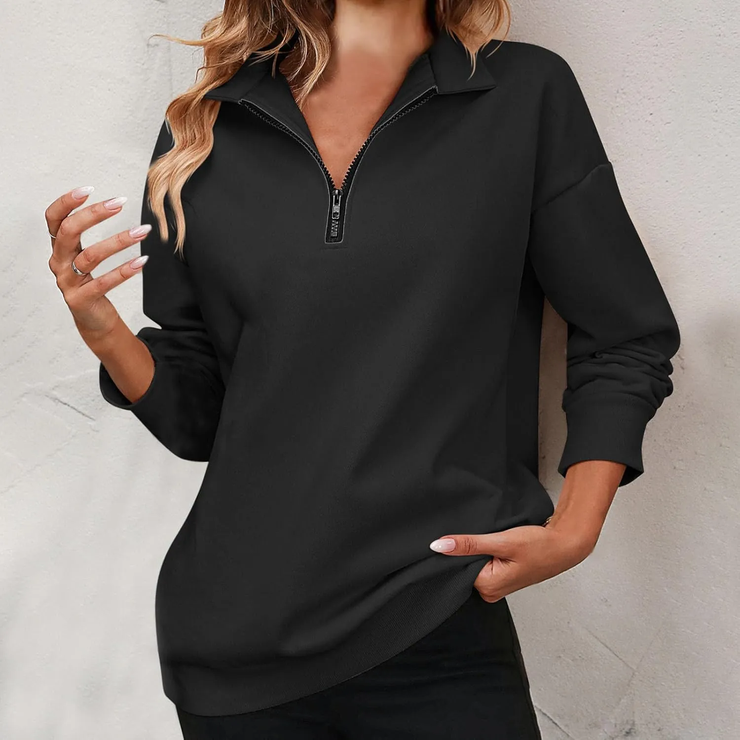Sweatshirts for Women 2024 Fall Casual Loose Fit Long Sleeve V Neck Zipper Pullovers Solid Color Going Out Tops