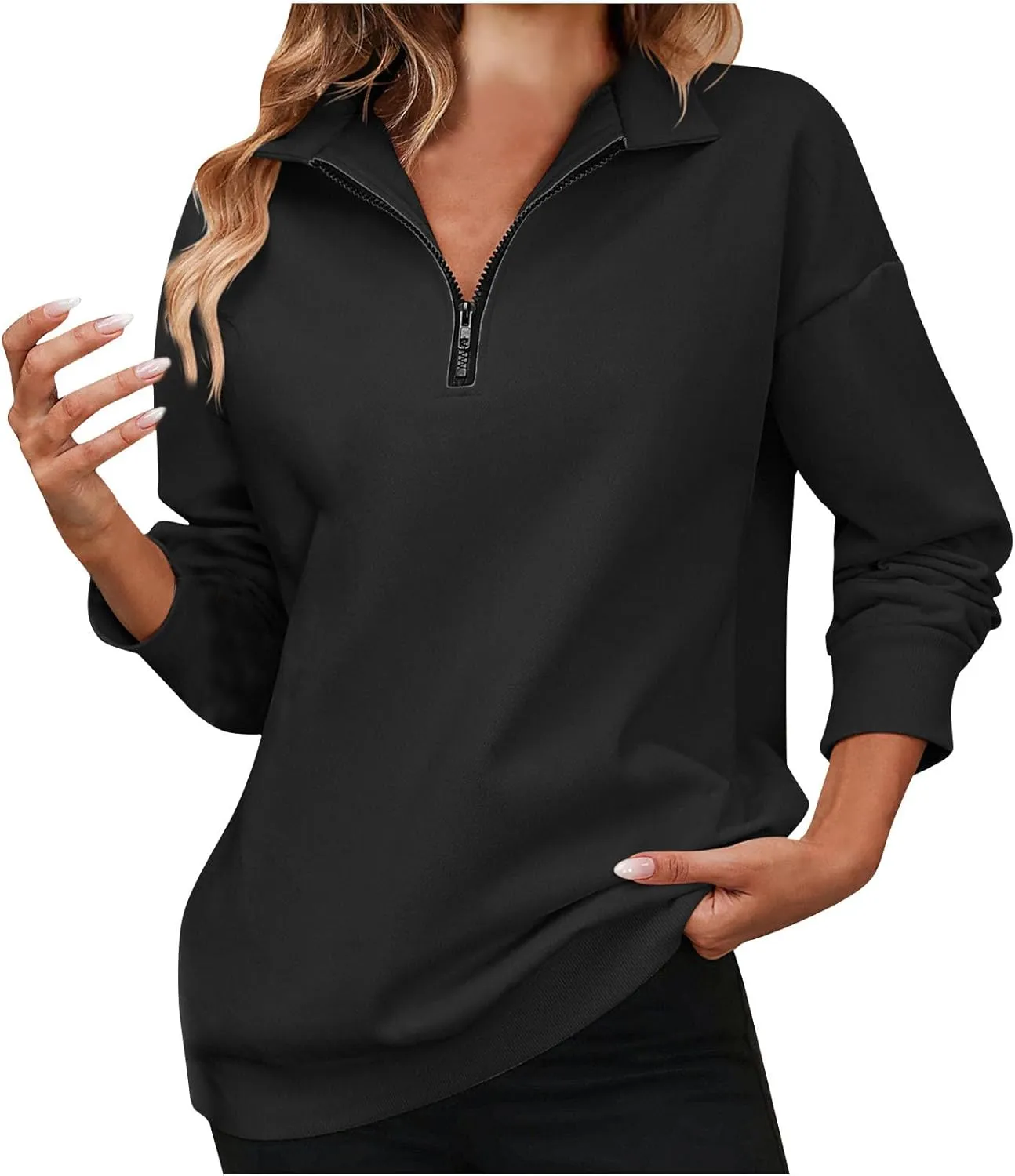 Sweatshirts for Women 2024 Fall Casual Loose Fit Long Sleeve V Neck Zipper Pullovers Solid Color Going Out Tops